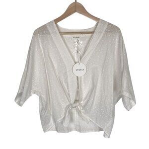 Storia Tie Front Sheer Top Size M White Stars Print Cropped Cotton Button Front